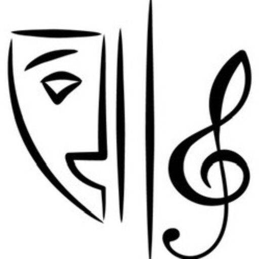 NPAF Logo - on left is a comedy drama mask - on the right is a music clef - in between are two vertical lines - all in black.